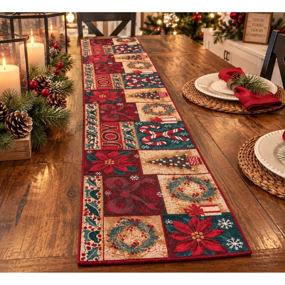 Christmas Tapestry Table Runner 72" JOY Poinsettia Candy Cane Holiday Decor